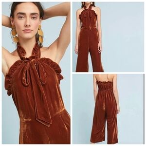 Anthropologie Kristinit Elegant Velvet Ruffle Halter Jumpsuit- Deep Copper Rust